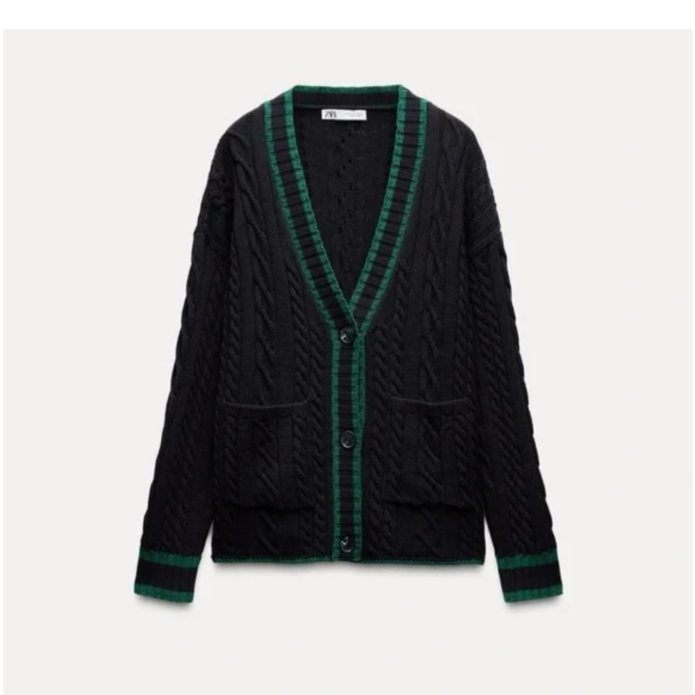 ZARA KNIT Cardigan – Navy Blue & Green – NEW with Tags | Size L